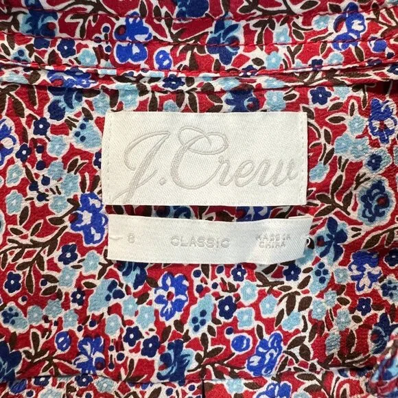 J. Crew Classic Fit 100% Silk Blouse Womens 8 Red Floral‎ Long Sleeve Button Up - Picture 10 of 11